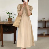 Kukombo New 2022 Women Summer Dresses Lace Up Vintage Puff Sleeve High Waist Elegant Korean Style Pure Lady Long Dress DR1338
