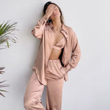 Kukombo Satin Pajamas For Women 3 Piece Set Turn Down Collar Long Sleeve Tops Bra Female Sets With Pants Solid Home Wear Casual