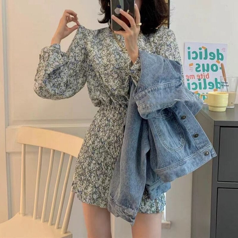 Christmas Gift  New 2021 Women Summer Autunm Dresses Floral Printed Vintage High Waist Korean Package Hip Lady Mini Dresses DR21107