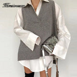 Kukombo Houndstooth Vest Sweater Women 2023 New Casual V Neck Sleeveless Jumper Knitted Korean Pullover Loose Female Tops