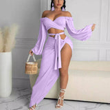 Kukombo Two Pieces Sets Club Women Off Shoulder Top Slit Bodycon Skirts