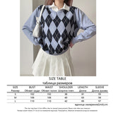Kukombo White Casual Plaid Argyle Sweater Ladies Preppy Style Vinage Knit Jumper Women Antumn Winter Pullover Knitwear