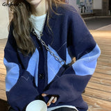 Kukombo Cardigan Women Geometric V-Neck Long Sleeve Knitted Sweaters Baggy Korean Style Retro Leisure Students Ins Chic Fall Elegant