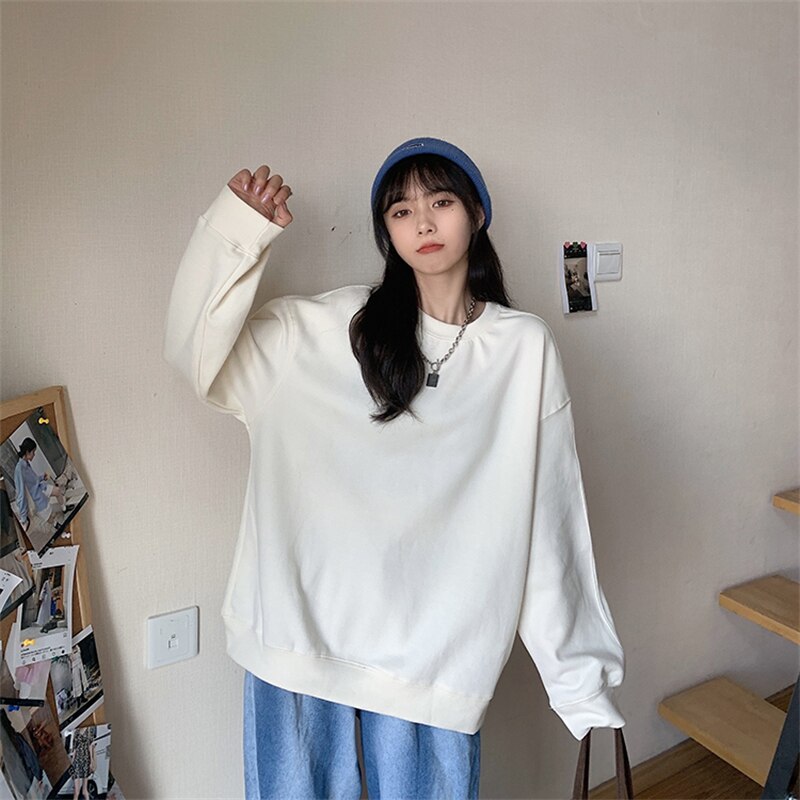 Christmas Gift Women Autumn Long Sleeve Casual Sweatshirt O Neck Loose Solid Outerwear Hoodies Femme Fashion Korean Pullover Outfits