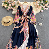Kukombo Christmas Gift Summer new temperament design printing  Dress  V-neck vintage lace woman dress Lantern sleeve dresses for women