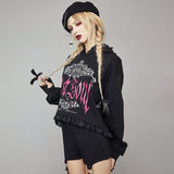 Thanksgiving Gift Dourbesty Women Goth Black Oversized Hoodie Tops Cropped Hip Hop Letter Sweatshirts With Lace-Up Harajuku Pullovers Streetwear