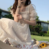 Kukombo Summer Chiffon Elegant Kawali Dress Women Floral Print Sweet Princess Casual Midi Dress Puff Sleeve Party Holiday Dress