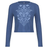 Kukombo Goth Dark Casual Vintage Printing Women T-Shirts Grunge E-Girl Long Sleeve Punk Cropped Tops Bodycon Ribbed Autumn Tees
