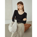 Christmas Gift FANSILANEN Office Lady Newly Autumn 2021 U-neck Wool Sweater Women Long-sleeved Slim Black Bottoming Shirt Women Grey Sweaters