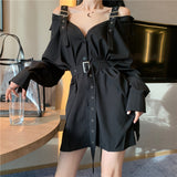 Kukombo Summer Vintage Shirts Strapless Women Blouse Black Tops With Belt Casual Long Shirts Off The Shoulder Top Shirt