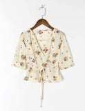 Kukombo Vintage Floral Print Women Shirt Elegant Summer Top With Sashes V Neck Short Sleeves Holiday Chiffon Shirt Femme Vestidos