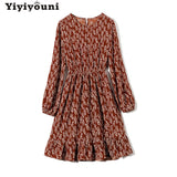 Christmas Gift Yiyiyouni Bohemian Floral Elastic Waist Dress Women Spring Long Sleeve Chiffon Ruffle Mini Dress Women Reched Party Dress Female