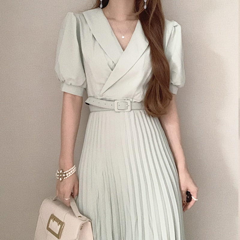 Christmas Gift Korean Chic Summer Dress French Dress Style Suit Collar Lace Up Waist Slim Foam Sleeve Pleated Dress with Belt