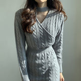 Kukombo One Piece Dress Korean Chic Autumn Temperament Round Neck Pullover Front And Back Two Wear Design High Waist