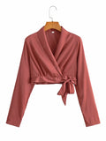 Kukombo Women Notched Collar Summer Top Women Long Sleeve Ladies Blouse Shirt Casual Formal Solid Bandage Top