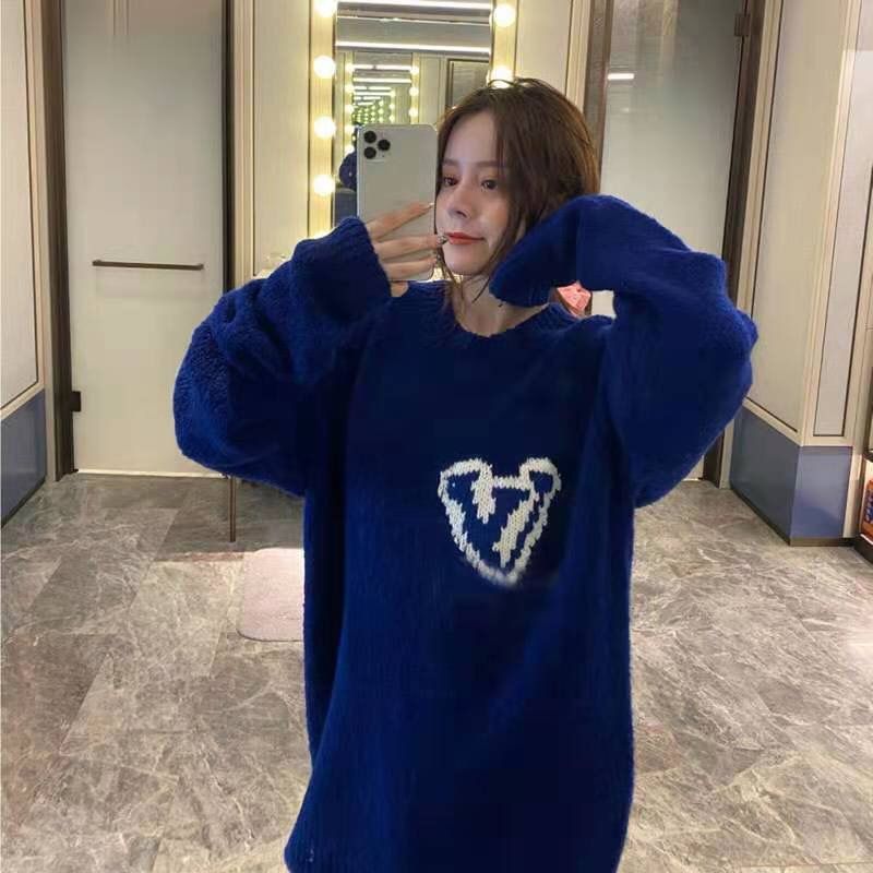 Christmas Gift 2021 New Autumn Winter Letter Pattern Blue Pullover Long Sleeve Knit Sweater свитер Round Neck Women Sweater Loose Sweater Top