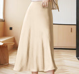 Kukombo Christmas Gift Elegant Satin Women Midi Skirts Office Wear Elastic Waist Luxury Solid A-line Female Skirts Summer
