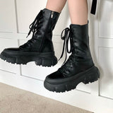 Kukombo Black Leather Women's Mid Calf Boots 2022 Autumn Winter Goth Platform Shoes Designer Harajuku Punk Footwear