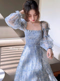 Kukombo Summer Lace Elegant Midi Dress Women Puff Sleeve Square Collar Boho Beach Floral Dress Female Party One Piece Dress Korean