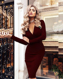 Fashion Women Bandage Bodycon Dress Office Lady OL Clothes Summer Long Sleeve Deep V Neck Sexy Party Cocktail Short Dresses