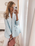Kukombo Stylish Chic Blue Tweed Jacket Women 2022 Fashion Turn-down Collar Double Breasted Pockets Coat Female Casual Outerwear