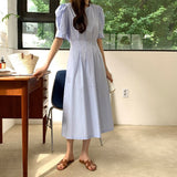 Kukombo New 2022 Women Summer Dresses Lace Up Vintage Puff Sleeve High Waist Elegant Korean Style Pure Lady Long Dress DR1338