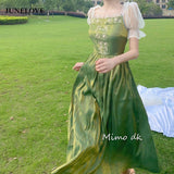 Kukombo  Summer Elegant Green Dress Women French Vintage Lace Patchwork Sweet Dresses Princess Midi Short Sleeve Holiday Dresses 2022