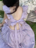 Kukombo Backless Design Sundresses Female 2023 Summer French Pure Color Dress Korean Fashion Bow Elegant Midi Dress for Women Party Y2k