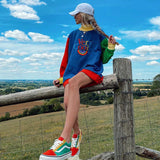 Rainbow Letter Print Oversize Hoodies Women Color Patchwork Long Sleeve Pullove Streetwear Autumn Aesthetic Sweatshirt