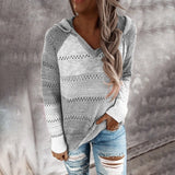 Kukombo 2022 New Female Hoodies Autumn Women Patchwork Hooded Sweater Long Sleeve V-neck Knitted Sweater Casual Striped Pullover Jumpers