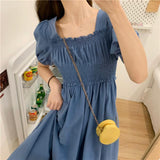 Kukombo Short Sleeve Dress Women Summer Solid Pleated Square Collar Mid-Calf Elegant Korean Simple Leisure Loose Preppy Womens A-Line BF