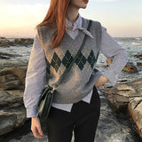 Christmas Gift Women Sweater Vest Autumn 2021 Korean Style Vintage Geometric Argyle V Neck Sleeveless Pullovers Knitted Woman Sweaters