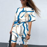 Kukombo  2022 New Casual Tie Dye Women Two Piece Sets With Belt Home Loose Sports Tracksuits Fashion Leisure Bicycle Suit Summer Clothing