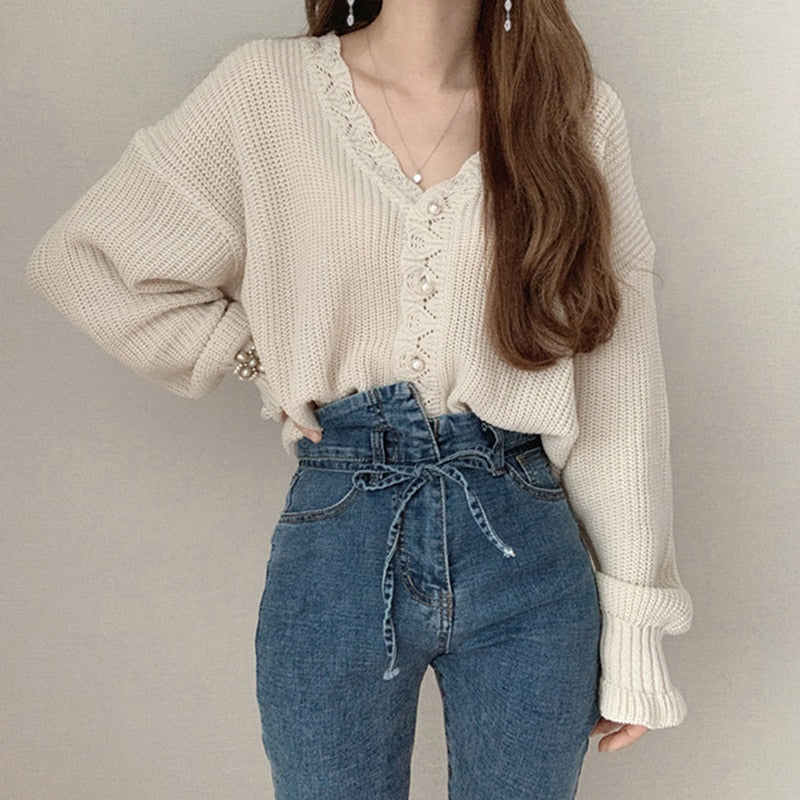 Kukombo Women Sweater V-Neck Pink Cardigan Puff Sleeve Hollow Out Knitted Solid Clothes Fall Fashion New Korean Style Top
