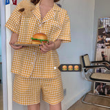 Christmas Gift Pajama Sets Women Plaid Classic Retro Turn Down Collar Short Sleeve Loose Preppy Style Cozy Students Sleepwear Home Female Lady