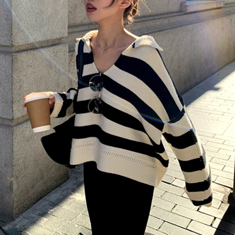 Christmas Gift New 2021 Autumn Winter Women Sweater Polo Collar Pullovers Knitted Striped Korean Elegant Wild Ladies Jumpers SW1181