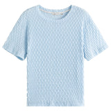 Christmas Gift FANSILANEN Office Lady French Short-sleeved Blue White T-shirt Women Summer 2021 New Wild Texture Pleated Straight Casual Tops