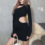 Kukombo  Pure Desire Hot Girl Style Sexy Slanted Shoulder Halter Neck Dress Scheming Hollow Waist Pearl Chain Design Package Hip Skirt L