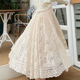 Kukombo Long Maxi Skirts For Women Spring Summer Korean Cute Princess Style Elastic High Waisted A-Line Floral Lace Skirt White Black