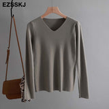 Christmas Gift chic casual Autumn Winter Basic Sweater pullovers Women v-neck Solid Knit Slim Pullover female Long Sleeve warm Khaki Sweater