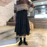 Kukombo Long Tulle Midi Skirts Womens 2021 Autumn Elastic High Waist Mesh Tutu Pleated Skirts Female Black White Long Skirt Streetwear