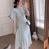 Christmas Gift Summer Short Sleeve Floral Print One Piece Midi Dress Boho Breach Party Casual Women Clothing Fashion New 2021