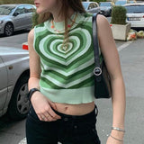 Sweetown 2000s Aesthetic Cute Knitted Tank Vest Pink Heart Print Kawaii Graphic T Shirts Womens Brown Vintage E Girl Crop Top