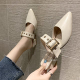 Kukombo Elegant Mules Women Closed Leather Casual Slippers Woman Metal Buckle High Heels Female Pointed Toe Shoes