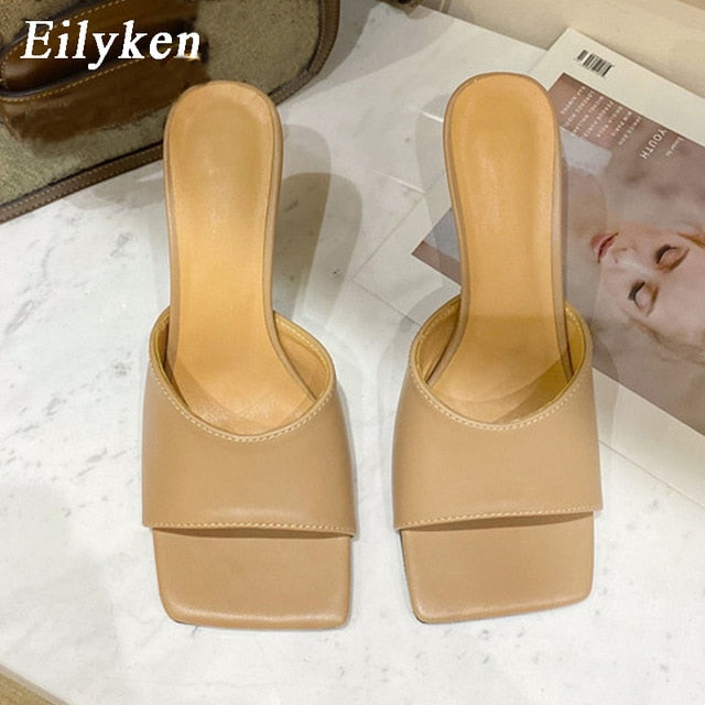 Christmas Gift Eilyken 2021 New Summer Women's Mules Slippers Elegant Square Toe High Heels Slippers Ladies Slides Shoes Femme Zapatos Mujer