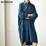 Christmas Gift BGTEEVER Chic Stylish Oversized V-neck Sweater Midi Dress Long Sleeve Thick Warm Autumn Winter Loose Female Knitted Dress 2021