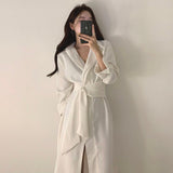 Kukombo 2022 Spring Autumn Women Elegant Turn-Down Collar Tie Waist Shirt Dress High Fork Slim Casual Button Solid Ladies Clothes