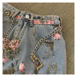 Kukombo  Streetwear Vintage Flowers Print Long Denim Skirts Summer 2022 High Waist Slim Sexy Open Split Straight Skirt Jeans Saias Female