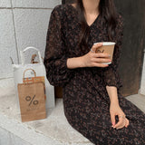 Christmas Gift BGTEEVER Vintage V-neck Buttons Lace-up Female Chiffon Dress Full Sleeve Midi Dress Elegant Casual Floral Print Women Dress 2021