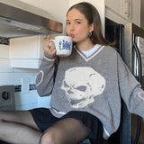 Christmas Gift HEYounGIRL Punk Print Vintage  Knit Sweater V Neck Long Sleeve Casual Jumper Ladies Autumn Winter Korean Pullover Knitwear